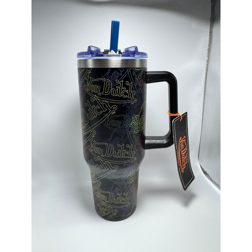 Von wDutch Originals 40oz Insulated Tumbler With Handle Black Neon Logo NWT